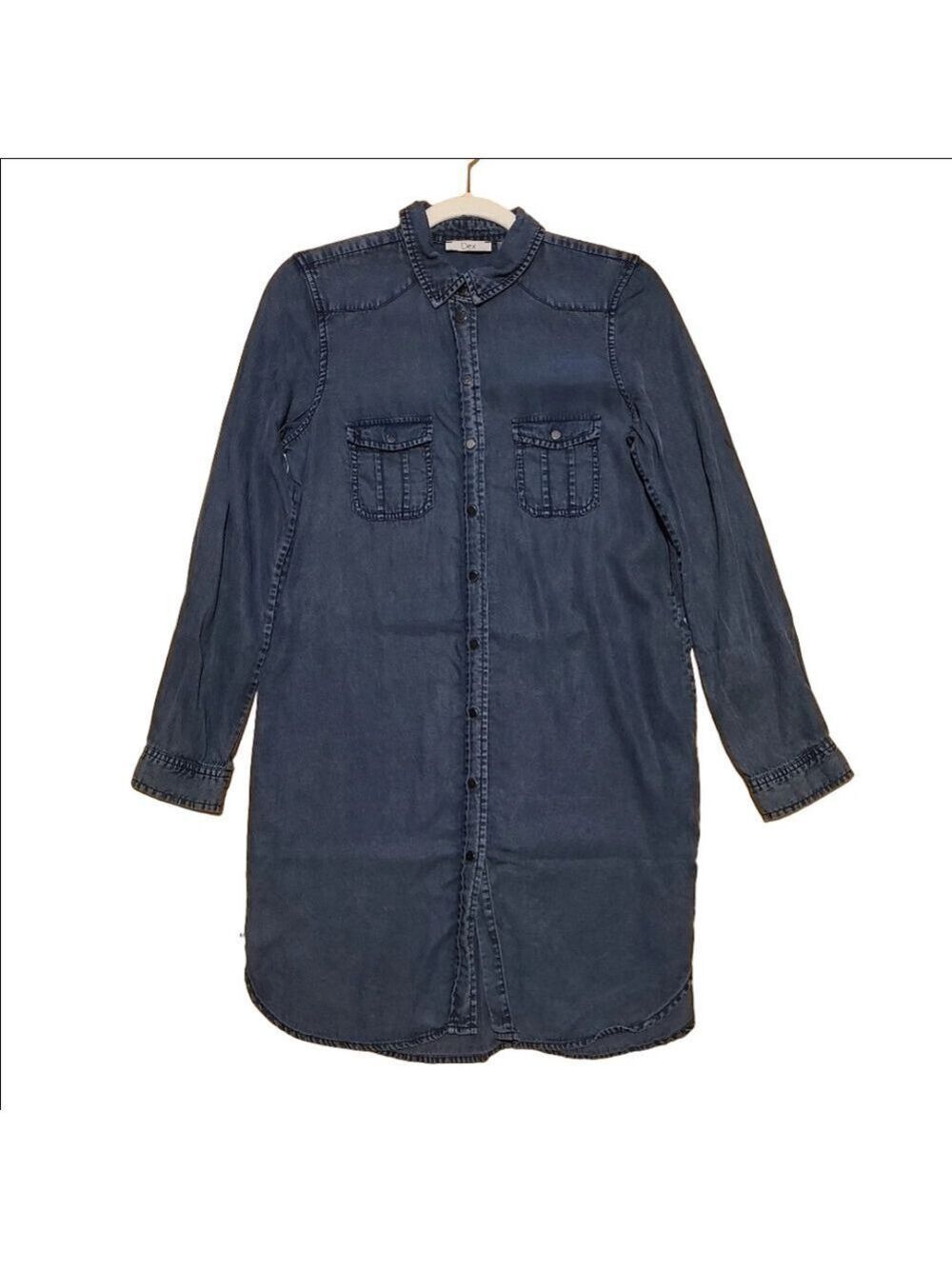 Dex Denim Chambray Shirt Dress Dark Wash Snap Buttons Long Sleeves Pockets XS